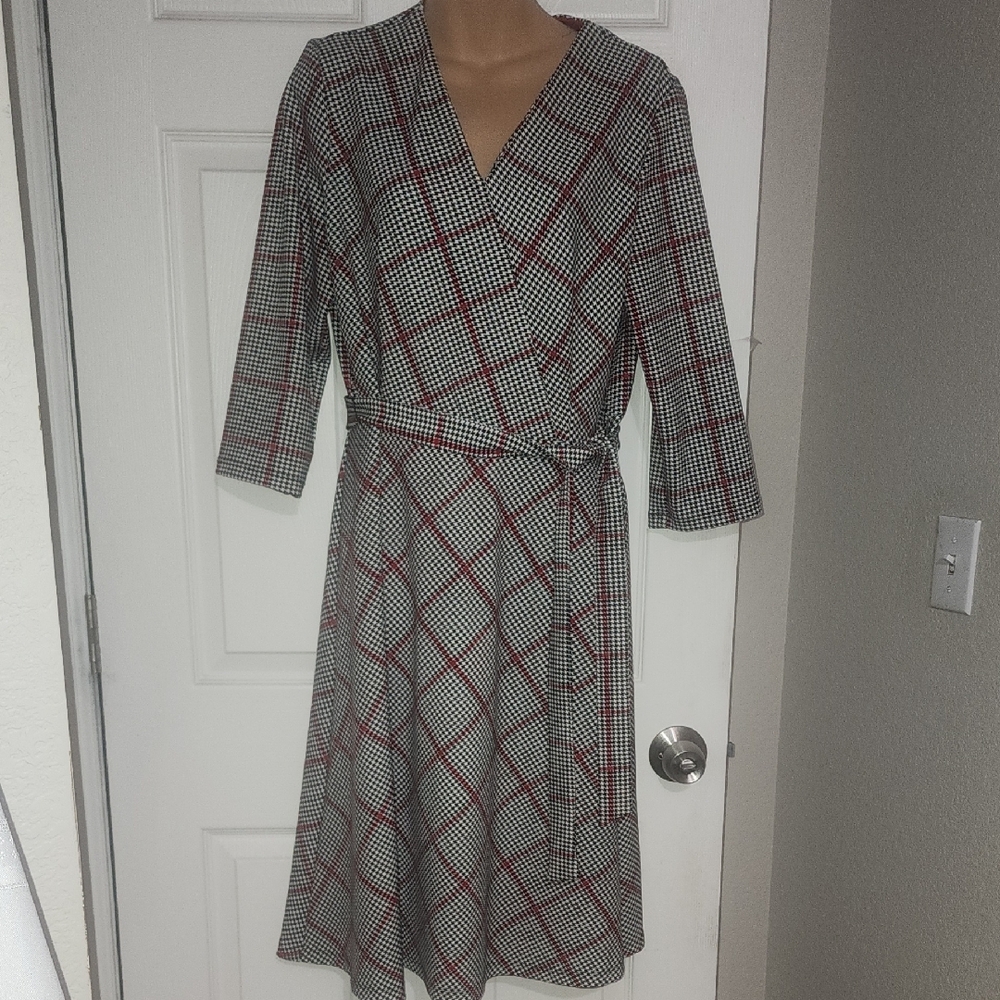Shelby & Palmer Houndstooth Wrap Dress with Red Stripes